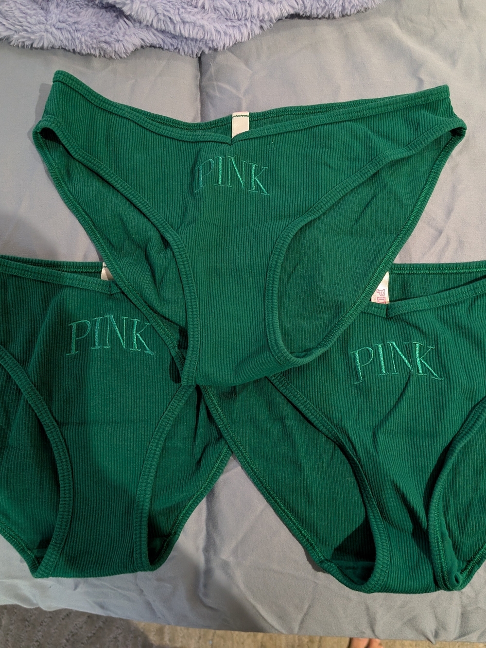 PINK Victoria's Secret Women's Ribbed Bikini Panties - Emerald Green x3